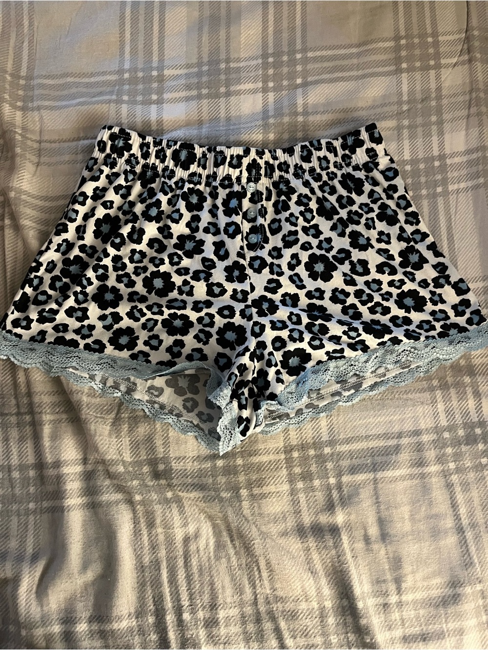 Floral Lace-Trim Sleep Shorts - Black & Light Blue